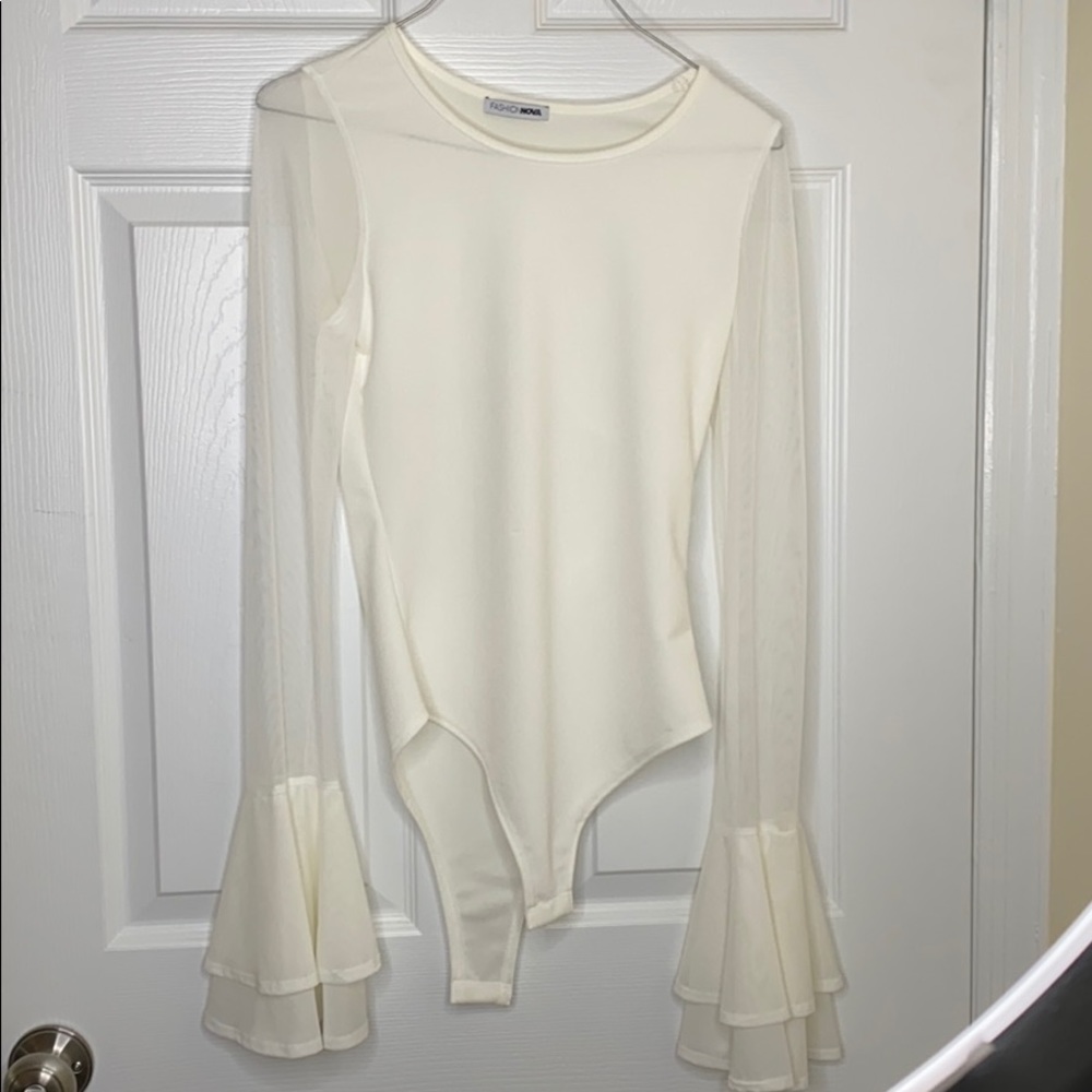 White Bodysuit with Mesh Flared Sleeves